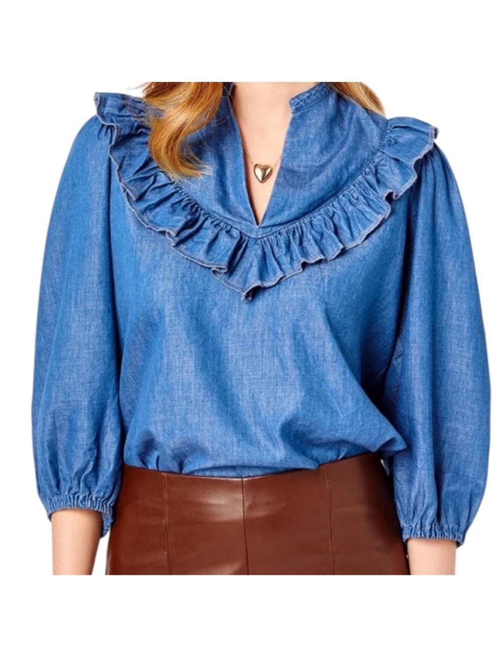 Cartolina Mabel Chambray Ruffle Yoke Blouse Medium Lyocell Cotton Puff Sleeve